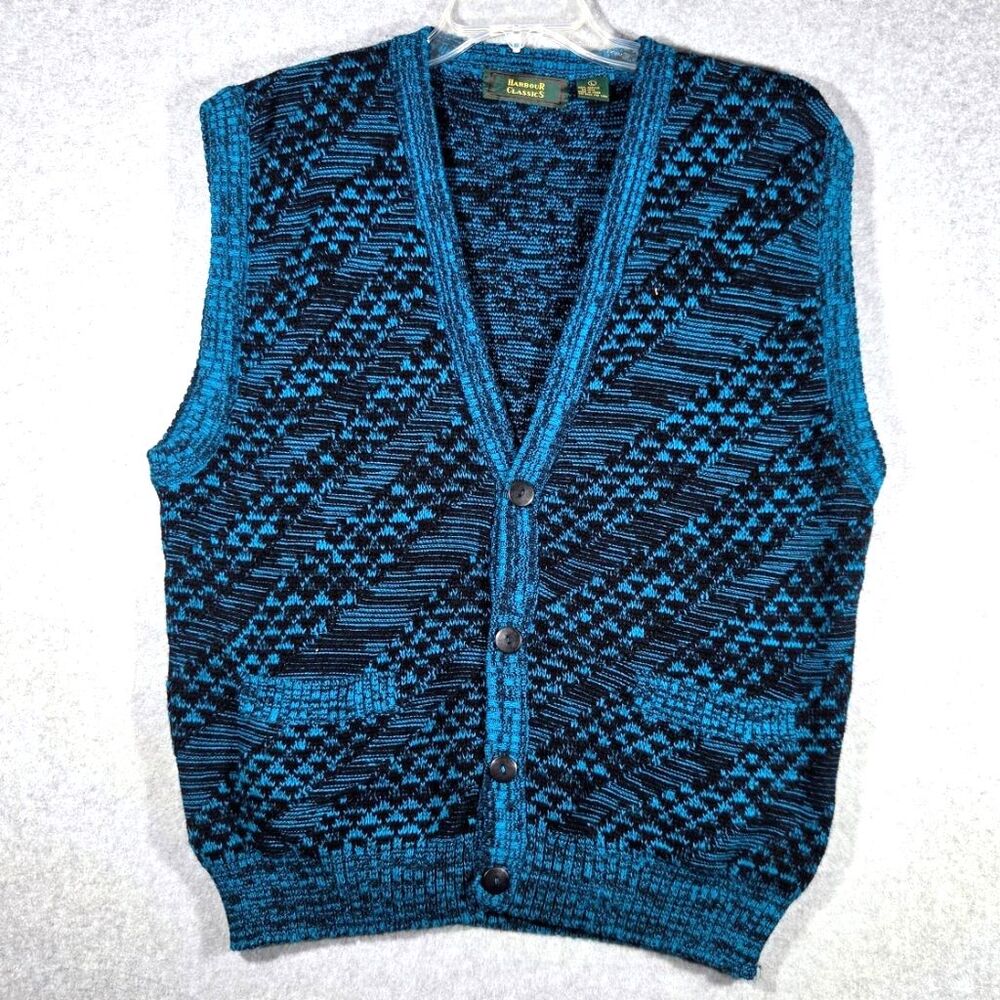 Vintage 80s Harbour Classics Sweater Vest Mens L Teal Black Button Cardigan Knit